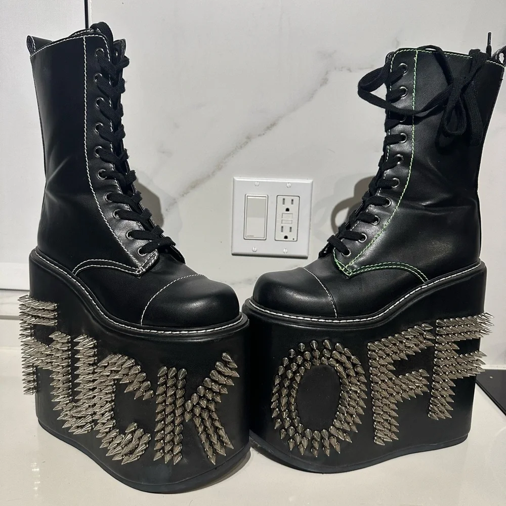 Dolls Kill Never Censored F off Black Platform Boots with Studs